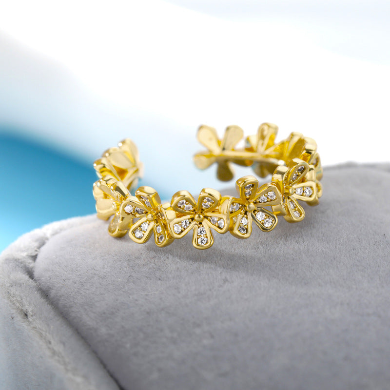 Open Mouth Index Finger Micro-inlaid Zirconia Petal Forest-style Small Flower Ring