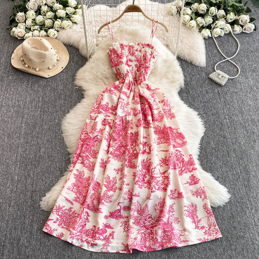 Womens Retro Chiffon Printed Backless Slip Dress